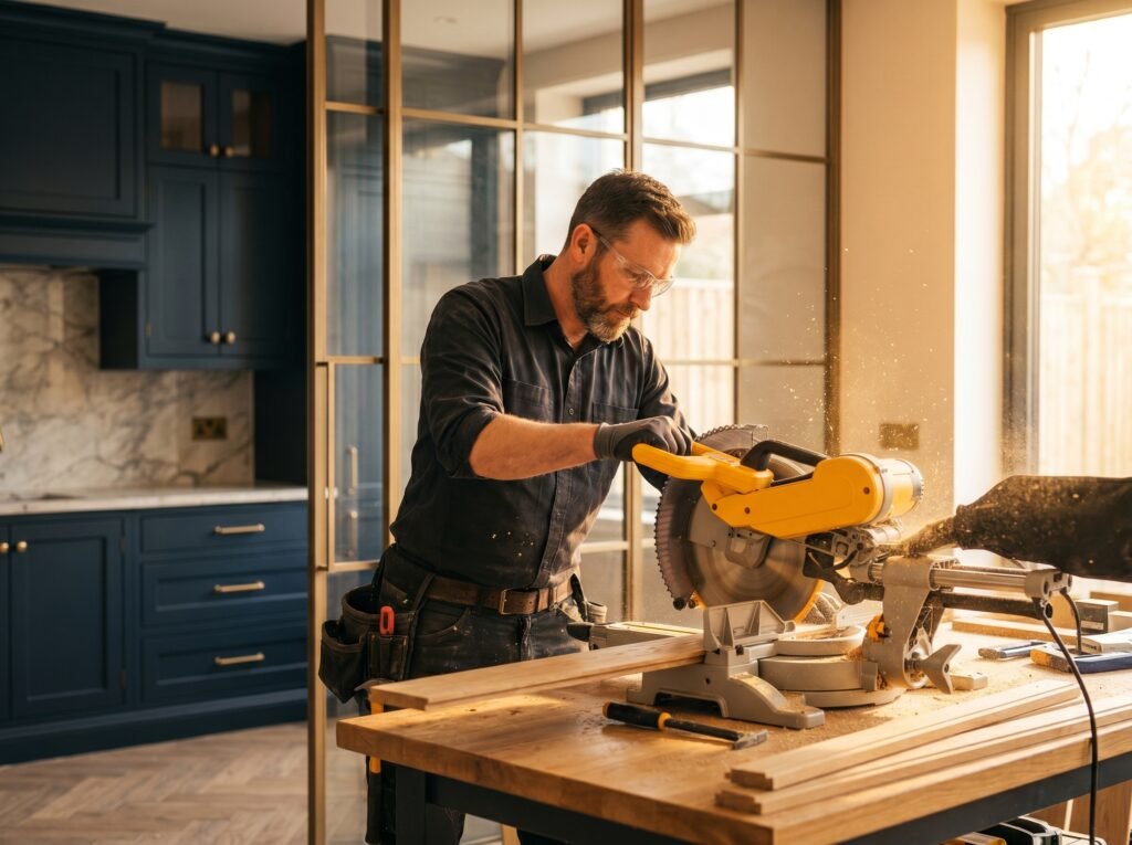 Arkivon Group carpenter using a mitre saw during a kitchen renovation in London