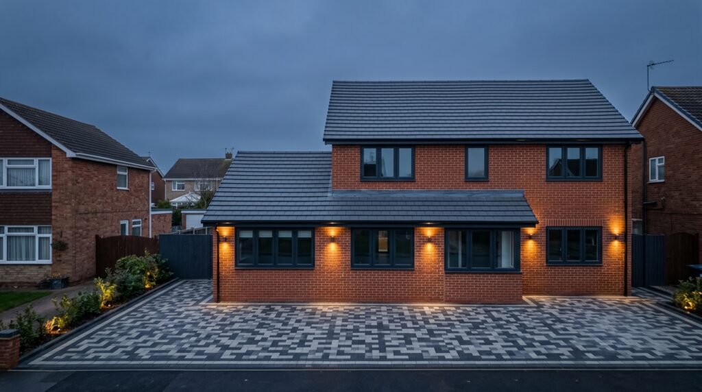 Detached London house at dusk after a brick extension and new block-paved driveway