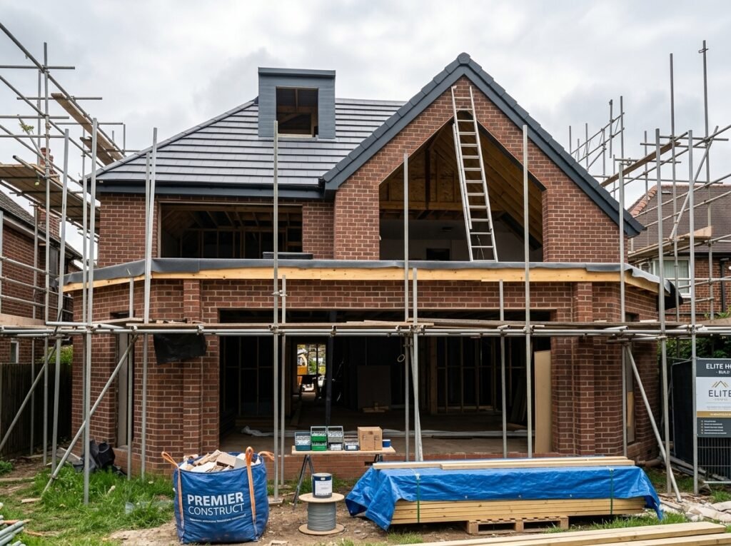 Two-storey rear extension under construction with scaffolding and a new tiled roof