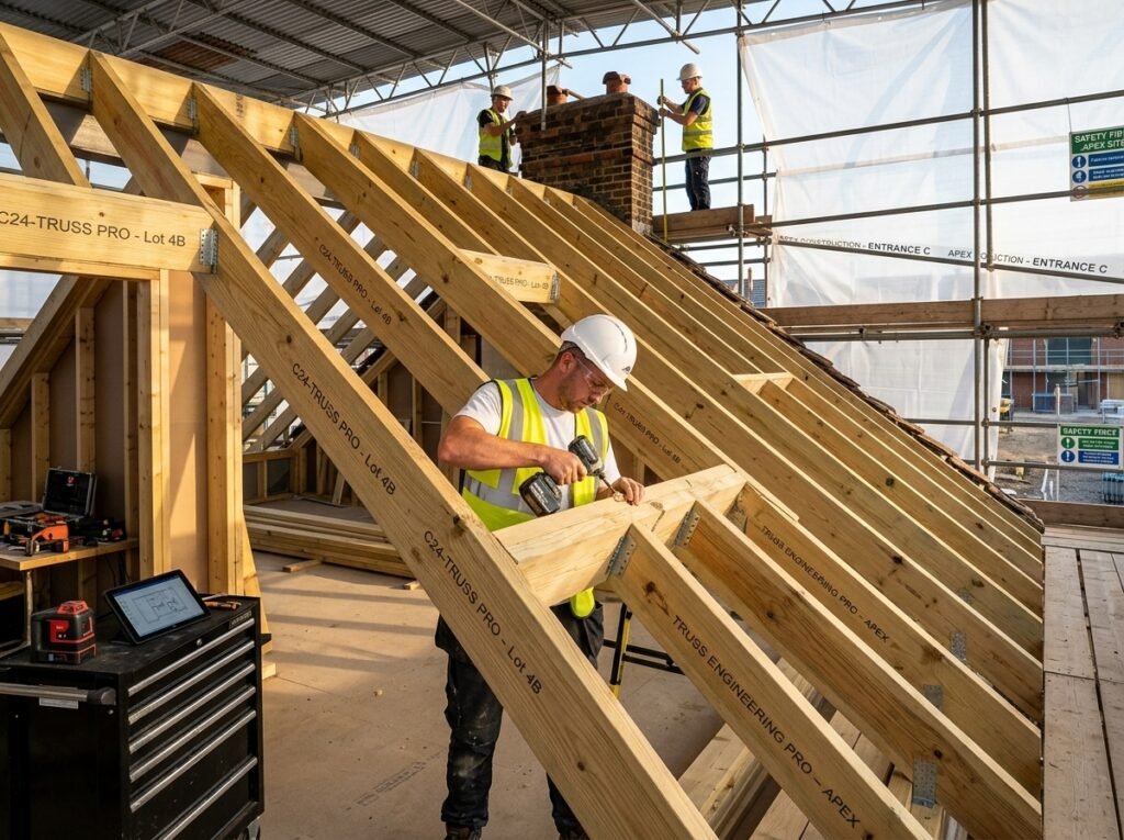 Carpenters erecting new timber roof trusses on a London house extension